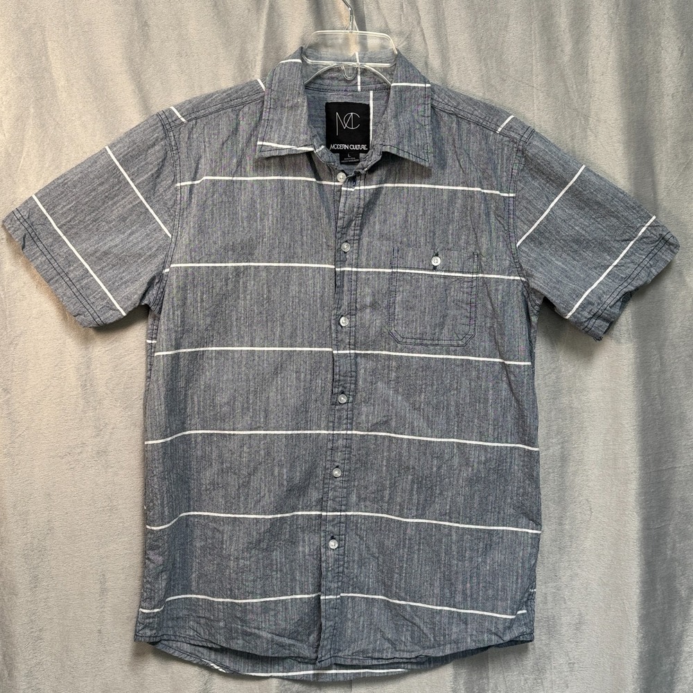 Modern Culture Mens Short Sleeve Button-Up Shirt Gray White Stripe Size L Casual